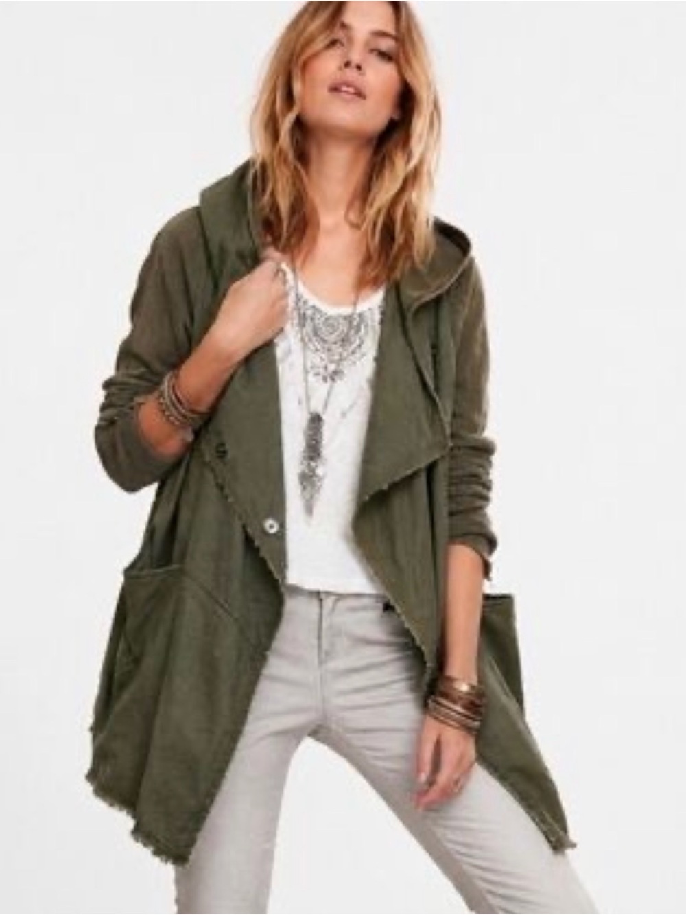 Free People Olive Green Hooded Cardigan Size L Asymmetrical Hem